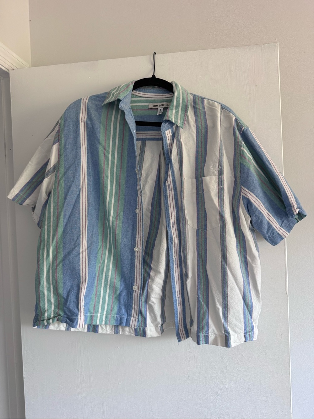 Urban Outfitters Short-Sleeve Striped Button-Up in Blue, Green & White